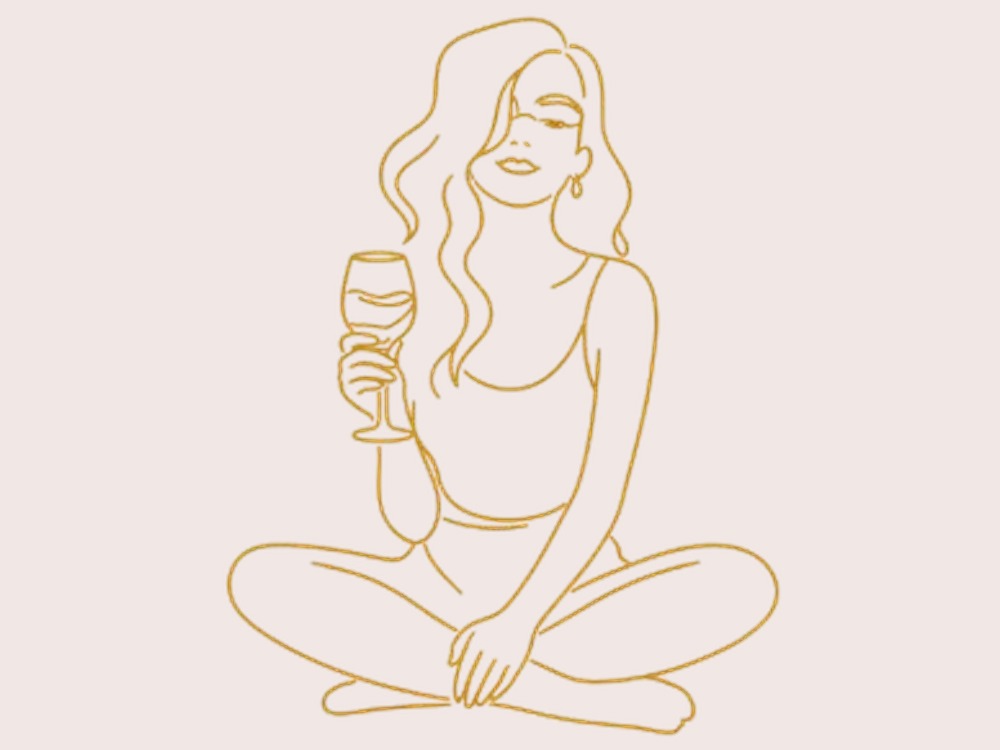 Illustration of a woman seated cross-legged holding a glass of wine, for the Root & Rise gathering